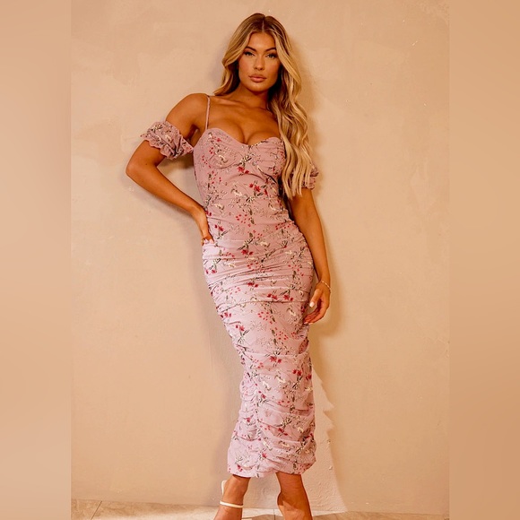 Midi Dress Plt Pink Dress PrettyLittleThing Dresses Dusty Pink Lace Detail  Striped Mesh